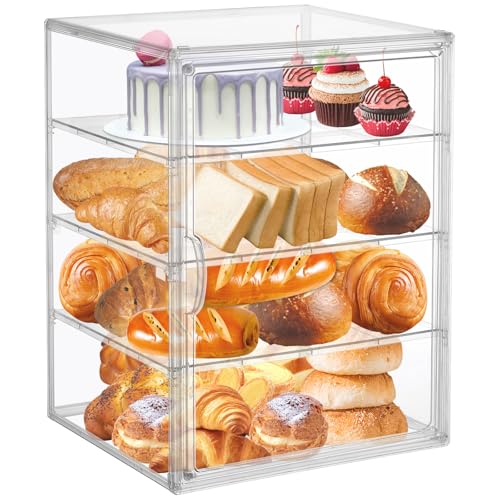 YEXEXINM 4 Layers Adjustable Clear Bread Storage Box for Kitchen Countertop,Large Bread Storage Container, 4 Layers Acrylic Pastry Display Case, Clear Boxes Bread Holder for Bread, Bagel, Muffins