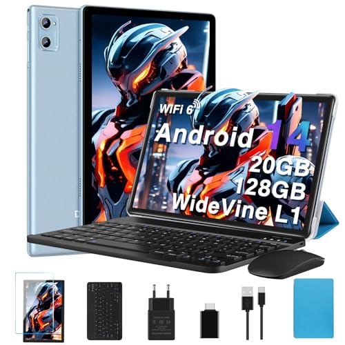 2026 Neuest Tablet 10 Zoll Android mit 20GB RAM + 128GB ROM (TF 2 TB), Octa Core, 5G Wi-Fi 6, Bluetooth 5.0, 6000 mAh, Widget, 5MP + 8MP, Widevine L1, GMS Tablet 2 in 1 mit Tastatur und Maus - Blau