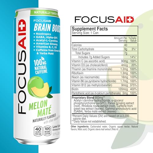 Image of FOCUSAID Energy Blend, Nootropics Drink for Brain Fuel, Alpha-GPC, GABA, B-Complex, Yerba Mate, Green Tea, 100% Clean,100mg Natural Caffeine, 12 Fl Oz (Pack of 24)