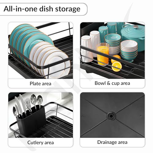 Image of Plantex Stainless Steel Dish Drying Rack /Vessel Drainer Basket with Tray /Smart Drainage Drainboard with Detachable Cutlery Holder /Utensils Drying Rack for Kitchen- (43 X 32 X 12 cm, Black)