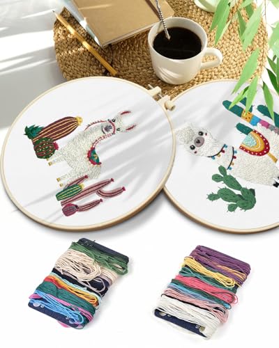Image of TINDTOP Embroidery Kit for Adult Beginners, Embroidery DIY Starter Kit | 2 Pack with Alpaca Stamped Patterns, Hoop, Tools, Colorful Threads with Needles, Instructions
