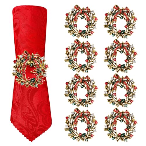 XIMEY Porta-guardanapos Natalícios, 8 Peças Porta-guardanapos Dourados de Guirlanda, Fivela de Guardanapo Natalícia com Diamantes, Anéis de Guardanapo de Metal para Natal, Casamento, Festa, Decoração