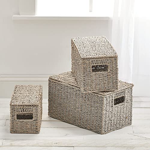 Mdesign Natural Woven Seagrass Closet Storage Organizer Basket Bin With Removeable Lids To Use In Closet, Bedroom, Bathroom, Entryway, Office - Set Of 3 - Gray Finish #TOP2