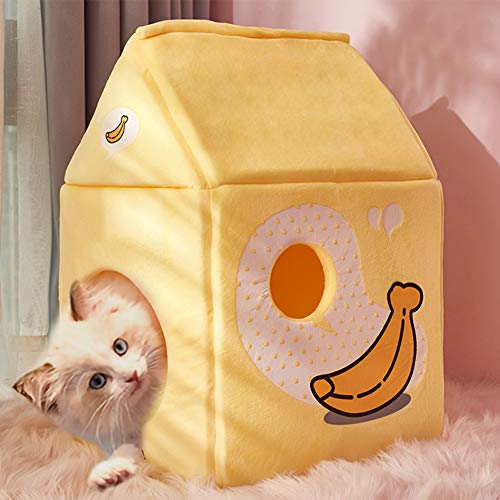 La La Pet® Warm Cats Bed Foldable Cat Cave Nest Sleeping Bed With Cushion And Blanket Self-Warming Pet Cube House Cat Shelter Apartment Indoor Pet House Milk Box Shape (Strawberry) #TOP5