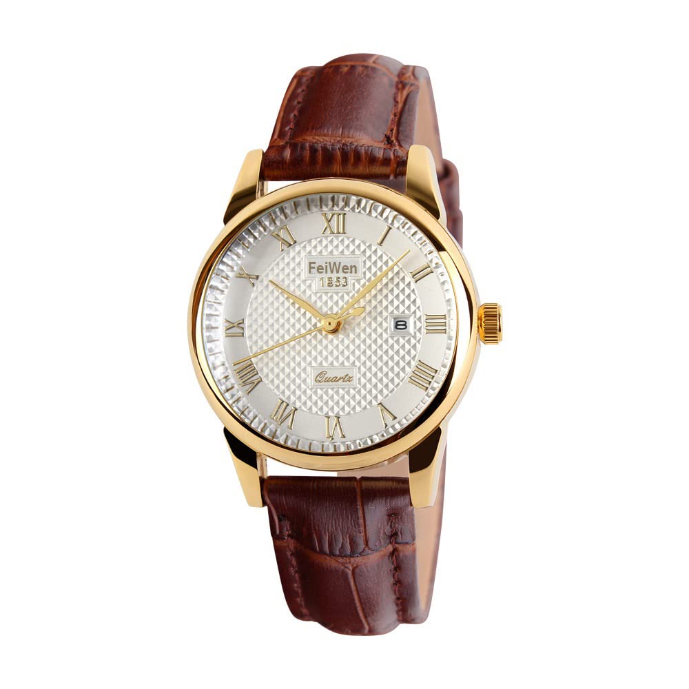 Fashion Elegante Analogico Quarzo Orologi da Polso da Donna e Uomo Acciaio Inox Cassa e Pelle Banda Orologio Numeri Romani Calendario