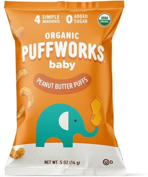 Puffworks Baby Organic Peanut Butter Puffs, Perfect for Early Peanut Introduction, Plant-Based Protein, USDA Organic, Gluten-Free, Vegan, Non-GMO, Kosher, 0.5 Ounce (Pack of 12)