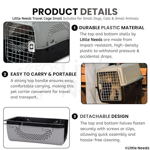 Image of Pet Travel Carrier for Cats and Small Dogs (Grey, 49 x 33 x 31 cm) | Portable Ventilated 18 inch Small Cage and Kennel House with Spring Locking System & Easy-Carry Handle for Safe Travel