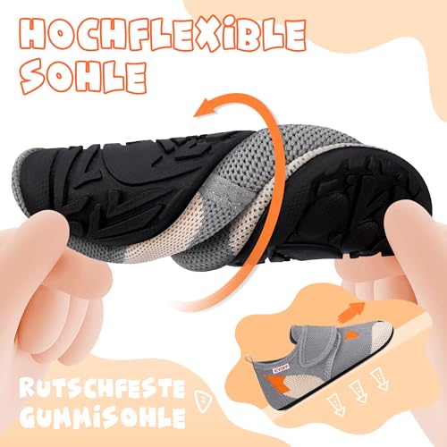 Kyopp Hausschuhe Kinder Barfussschuhe Klettverschluss für Jungen Mädchen Atmungsaktive Breite Pantoffeln Rutschfest Kindergarten Slippers(Fuchss Grau, 30/31EU)