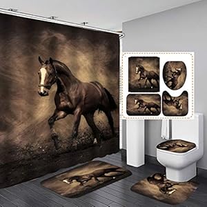 4 Piece Horse Shower Curtain Sets Bathroom Set,Animal Black Horse Waterproof Shower Curtain Non-Slip Contour Rug Toilet Lid Cover and Bath Mat