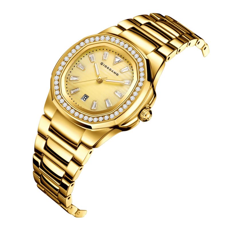 Image of Giordano Luxury Analog Quartz Watch for Women with Square Textured Dial, Crystal Indices, Date Display Function and Stainless Steel Strap - GZ-60116