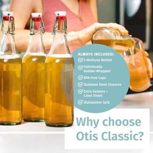 Otis Classic Swing Top Glass Bottles - Set of 6, 16oz w/Marker & Labels - Clear Bottle with Caps for Juice, Water, Kombucha, Wine, Beer Brewing, Kefir Milk or Eggnog - Image 5