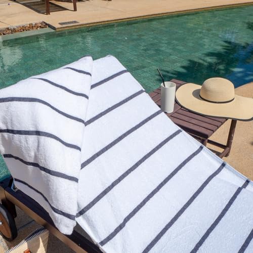 Arkwright Las Rayas Chaise Lounge Cover - Case of 12 - Bulk Terry Towel 100% Striped Soft Cotton with Pocket Holder for Beach Pool Outdoor Chair, 30 x 85 in, Dark Grey