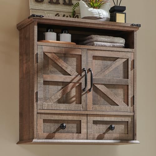 AetherWood Armario de pared para baño, estilo rústico, 24 pulgadas de ancho, con cajón, estante ajustable, puertas dobles batientes, armarios de almacenamiento para baño, cocina, marrón rústico