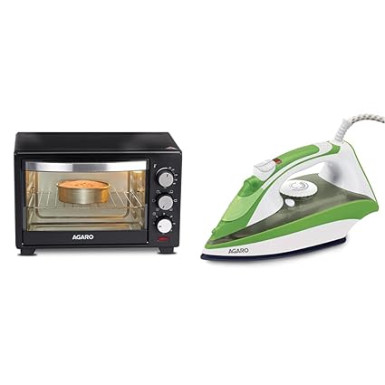 AGARO Marvel 19-Litre Oven Toaster Grill with 5 Heating Modes (Black)+AGARO Steam Iron Edge+ 1600W with Continuous Steam, Non-Stick Coated Sole Plate, Variable Steam Control, Spray/Steam/Dry Function