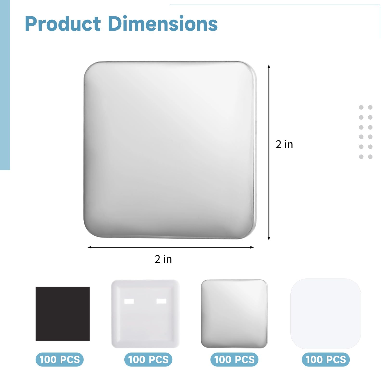 100 Stück quadratische Knopfteile, DIY-Kühlschrank-Magnetknopf-Maschine, Zubehör für quadratische Knopf-Maschinen, 50 mm, inklusive Metallabdeckung, Kunststoff-Rückseite, transparenter Folie, blanko