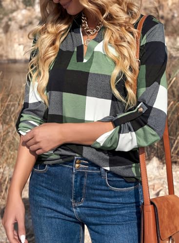Image of Dokotoo Womens Tops Plaid Cotton Cuffed 3 /4 Sleeve Shirts Blouses