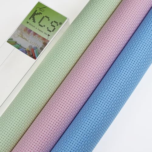 Image of KCS 3 pc of 15 inch x 18 inch(38cmx45cm) Counted Cross Stitch Cotton Aida Cloth Needlework Rolled Fabric Box,11CT,Light Blue+Pink+Light Green