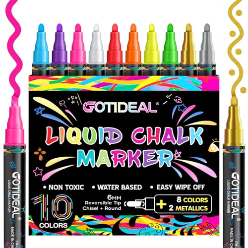 GOTIDEAL Chalk Markers 10 Colors Liquid Chalk Markers for Blackboard Erasable Chalk Board Pens Window markers for Glass Washable Car Glass Calendar Sign Menu Diy Painting(6 mm Bold&Chisel Tip)