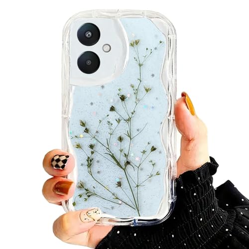 Image of KC Back Cover for Redmi 13C 5G - Curly Wave Flexible Floral Dried Pressed Epoxy Real Flowers Dry Fixed Glitter Soft Silicone Camera Protection Case (Transparent)