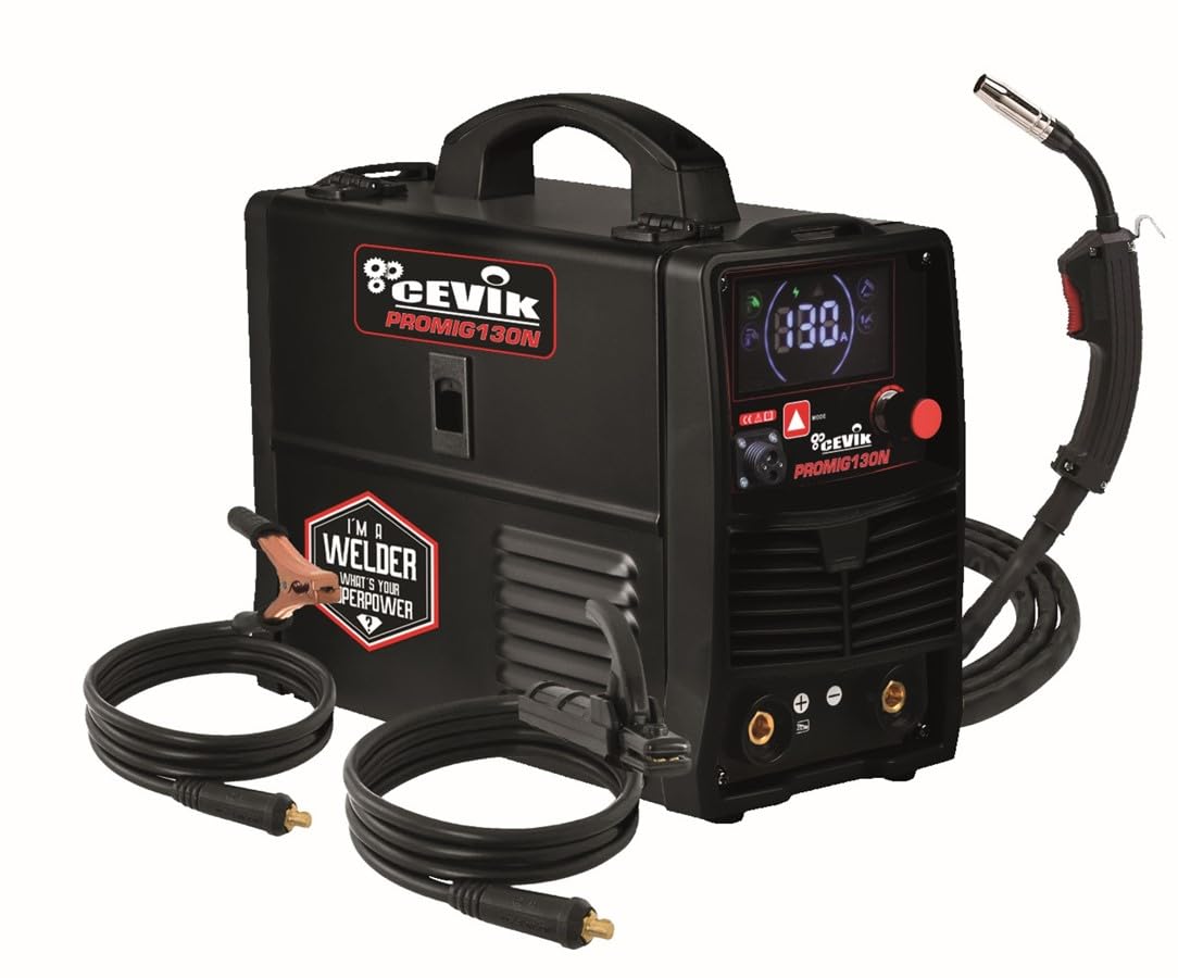 CEVIK PRO CE-PROMIG130N - Soldador Inverter FLUX/MIG/TIG/MMA - 130A 40% - 230V - Hilo hasta 1mm - Electrodos 2.5mm - LCD - Incluye Antorcha MIG, pinza portaelectrodo, pinza masa, careta, cepillo