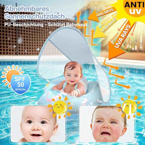 Schwimmring Baby mit UPF 50+ Abnehmbarem Sonnendach,Blau Aufblasbarer Schwimmreifen Baby, Aufblasbare Schwimmtrainer mit Sicherheitssitz für 6 Monate bis 10 Monaten Kinder, Kleinkinder-L.