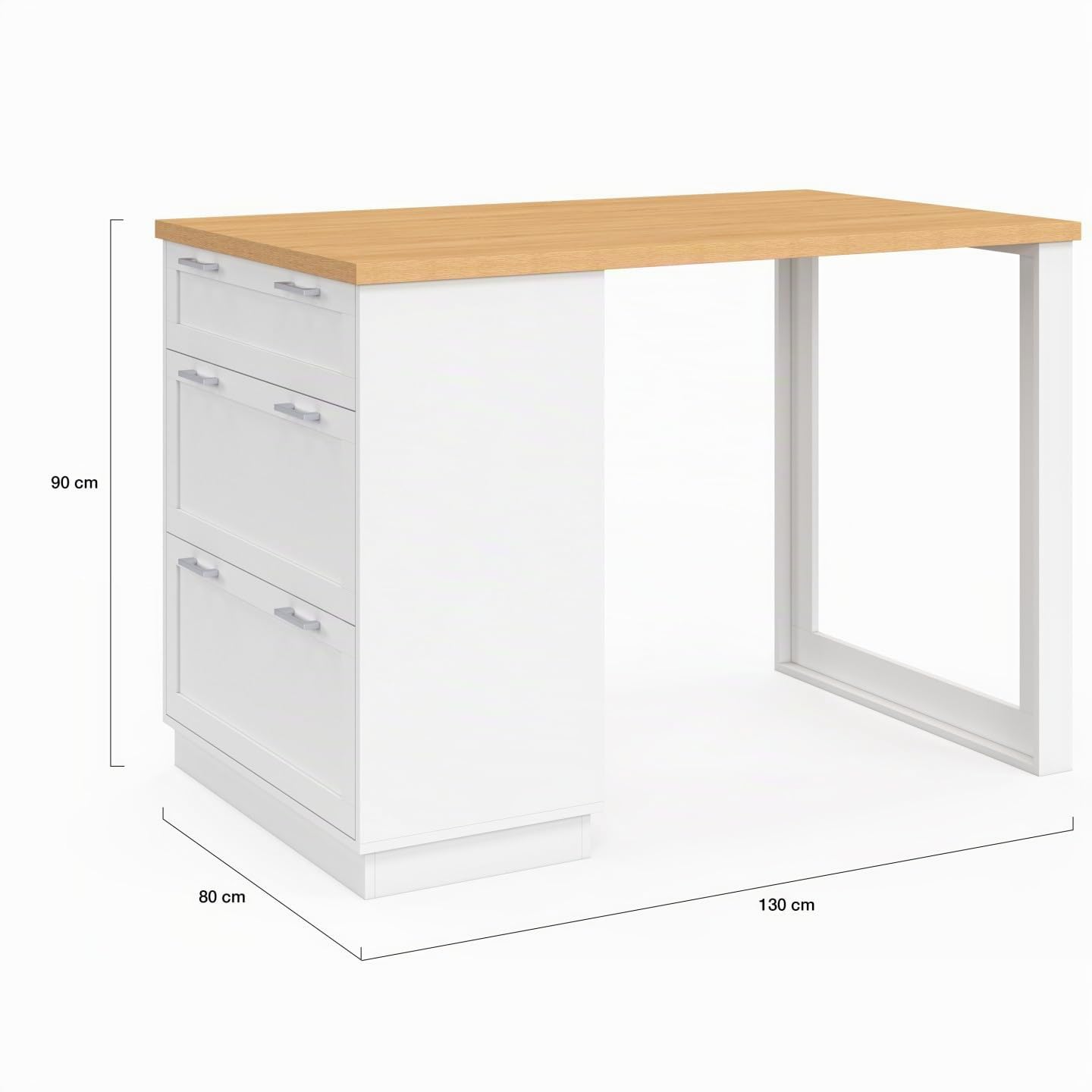 IDMarket - Ilot Central Mange-Debout 4 Personnes VITO 130 cm casserolier 3 tiroirs Blanc et Plateau Bois