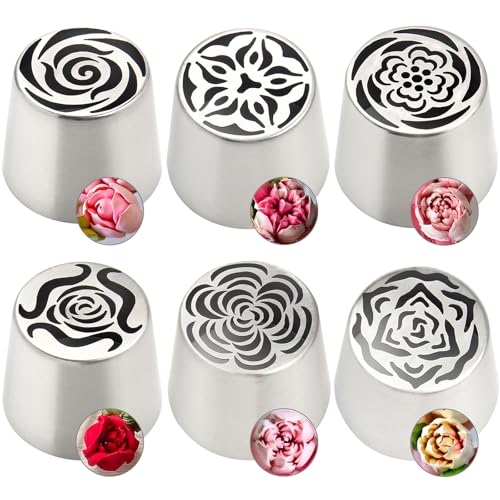 Baipesiy 6Pack Extra Large Flower Russian Piping Tips Set, Stainless Steel Rose Tulip Icing Tips For Cake Decorating, Floral Piping Tips Flower Bouquet For Cookies Desserts Baking Tool(XXL,6A)
