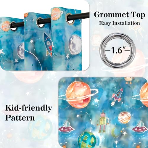 Image of MYSKY HOME Patterned Blackout Curtains 96 Inch Length Cartoon Galaxy Planets Printed Grommet Window Curtains Thermal Insulated for Kids Boys Girls Bedroom, Each Panel 52 inch W, Pack-2, Blue