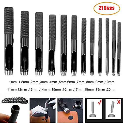1-20mm Round Hollow Hole Punch Cutter Working Tools for Leather Watch Bands Belts Canvas - 21Pcs