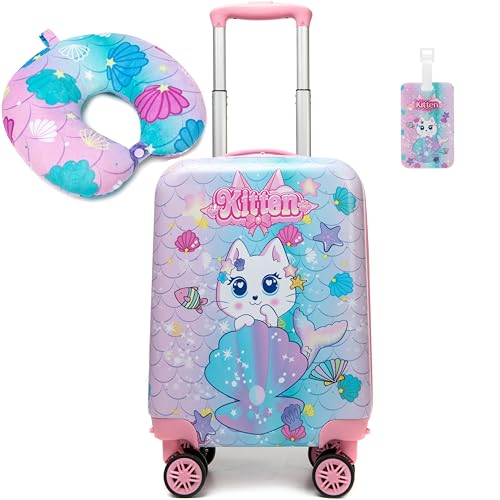 Image of Cute Cat Kid's Luggage Set: 2 Piece Hardside Spinner Wheels Suitcase Set, 16' Airline Approved, Pink Cat Pattern, Ages 5+