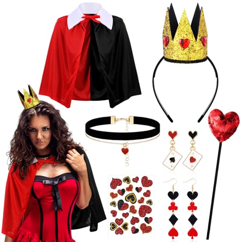 Soulchen 7 Pcs Halloween Queen Costume Set Accessories Red and Black Cloak Cape Cosplay Queen Crown Red Heart Necklace Poker Earrings Scepter Glitter Stickers for Party Women Halloween