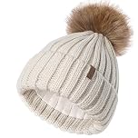 FURTALK Kids Winter Hats Baby Girl Boy Cotton Lined Beanie Toddler Bobble Hat Removable Pom Pom, 3-24 Months, Beige