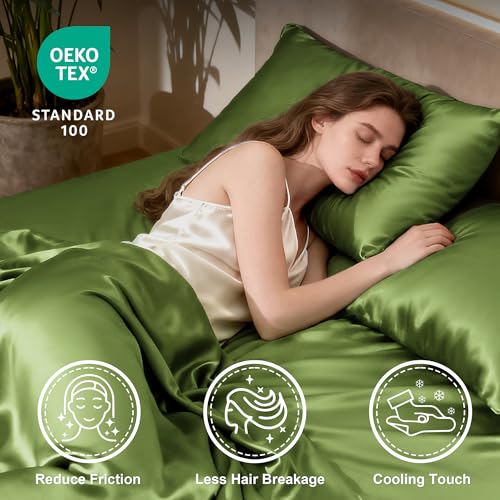 Image of Love's cabin Satin King Sheet Sets - 4 Piece Sage Silky Sheets King Size Bed Set with Deep Pocket, Luxury Silk Feel King Size Satin Sheet Set (1 Flat Sheet,1 Fitted Sheet,2 Pillow Cases)
