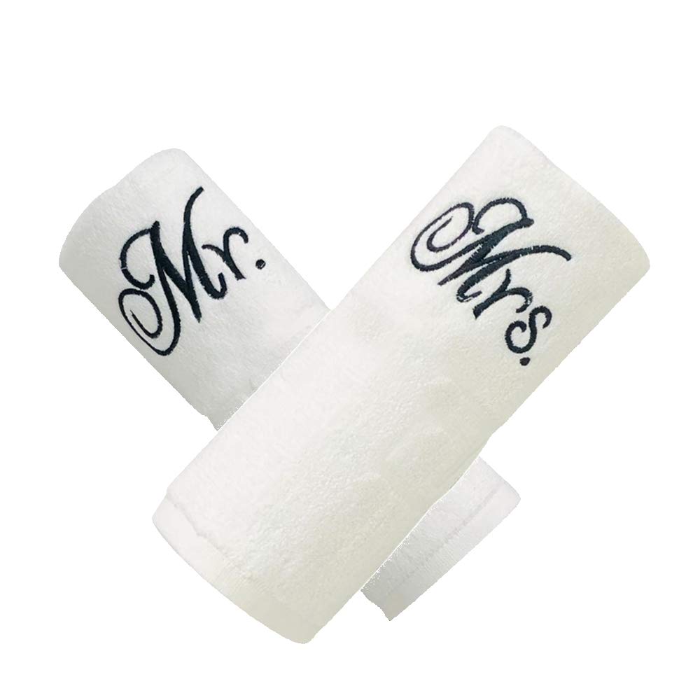 BYFT Towels Couple Embroidery Design (2 Hand Towel, White "Mrs." and "Mr.")