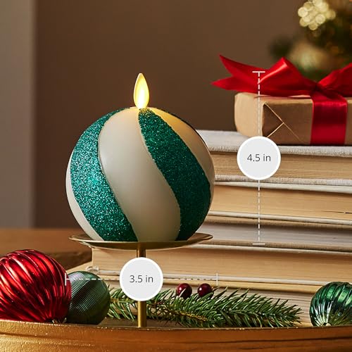 Image of Luminara - Flameless Holiday Crystal Beads Glitter Sphere Candle - Candy Cane Green- Pack of 1-4x4.25 - Auto Timer Built-in 5-Hour Timer Indoor Use