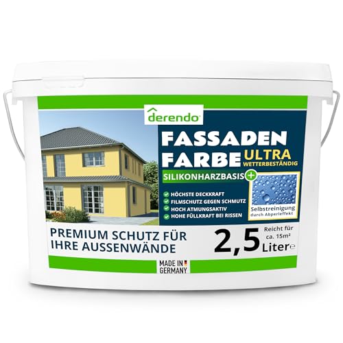 derendo Silikonharz Fassadenfarbe Gelb ULTRA Wetterschutz Cremegelb 2.5 l aussen Fassade Silikonharzfarbe mit Abperleffekt Lotus Blatt Fassadenschutz Schmutzabweisende Silikonharzbeschichtung