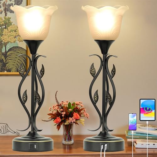 Bedside Lamps Set of 2, Table Lamp with USB Port 3 Way Dimmable Touch lamp Torchiere Nightstand Lamps with Rustic Vines Leaf and Glass Flower Shade lamp for Bedroom, Living Room, Office
