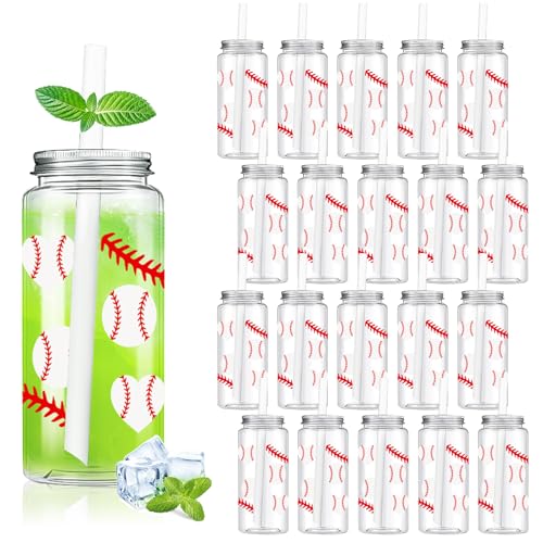 Demonwer 20 Pcs Baseball Plastic Cups Reusable Tumbler Clear Sports Theme Party Drinking Cups with Lids and Straws for Outdoor Activities Baseball Sports Party Supplies