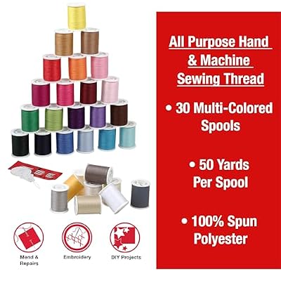 SINGER Polyester Sewing Thread Set - 30 Assorted Colors, 50 Yards per Mini Thread Spool, Sewing Kit Includes 5 Large Eye Hand Needles, 1 Needle Threader, Suitable for Hand and Machine Sewing