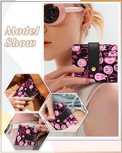 Image of Bistup Small Card Wallet for Women with Keychain, Y2K Pink Smile | Clear ID Window, Compact Design for Daily Carry, Durable Material, Sturdy Keychain, Aesthetic