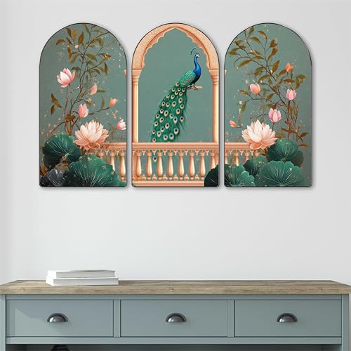 Image of Livin'luxe Peacock Wall Art | Set of 3 MDF Panel Paintings | Lotus Floral & Balcony Palace Theme Decorative Wall Hanging for Living Room, Bedroom & Home Interiors (20 x 30 Inch) RPNS-10