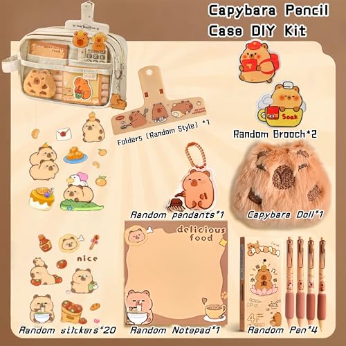 Image of Kawaii Capybara Pencil Case Kit with Plush Toy +Notepad+Pendant+Stickers+Binder clips+Diary Clip+Pens, 5-Layer Large Capacity Capybara Stationery Set Gifts for Office, Makeup. (White)