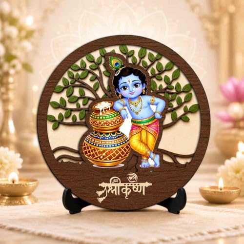 Image of Bal Gopal Round Wooden Devotional Idol with Stand for Puja Room, Home Decor & Religious Gift - 5x5 Inch