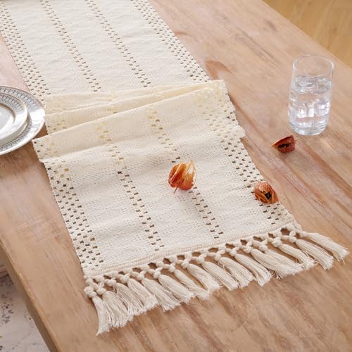 Fancy Homi Cream Table Runner 108 Inches Long Boho Macrame Ivory Table Runner for Home Decor, Farmhouse Table Runners with Tassels for Party Bohemian Rustic Bridal Shower Dining Decor 12x108 Inches