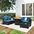 Ophelian 8-Piece Patio Set Furniture Rattan Wicker Outdoor Sectional Sofa with 28" Gas Fire Pit Set and Cushions, Conversation Set for Backyard, Patio, Garden, Brown/Peacock Blue