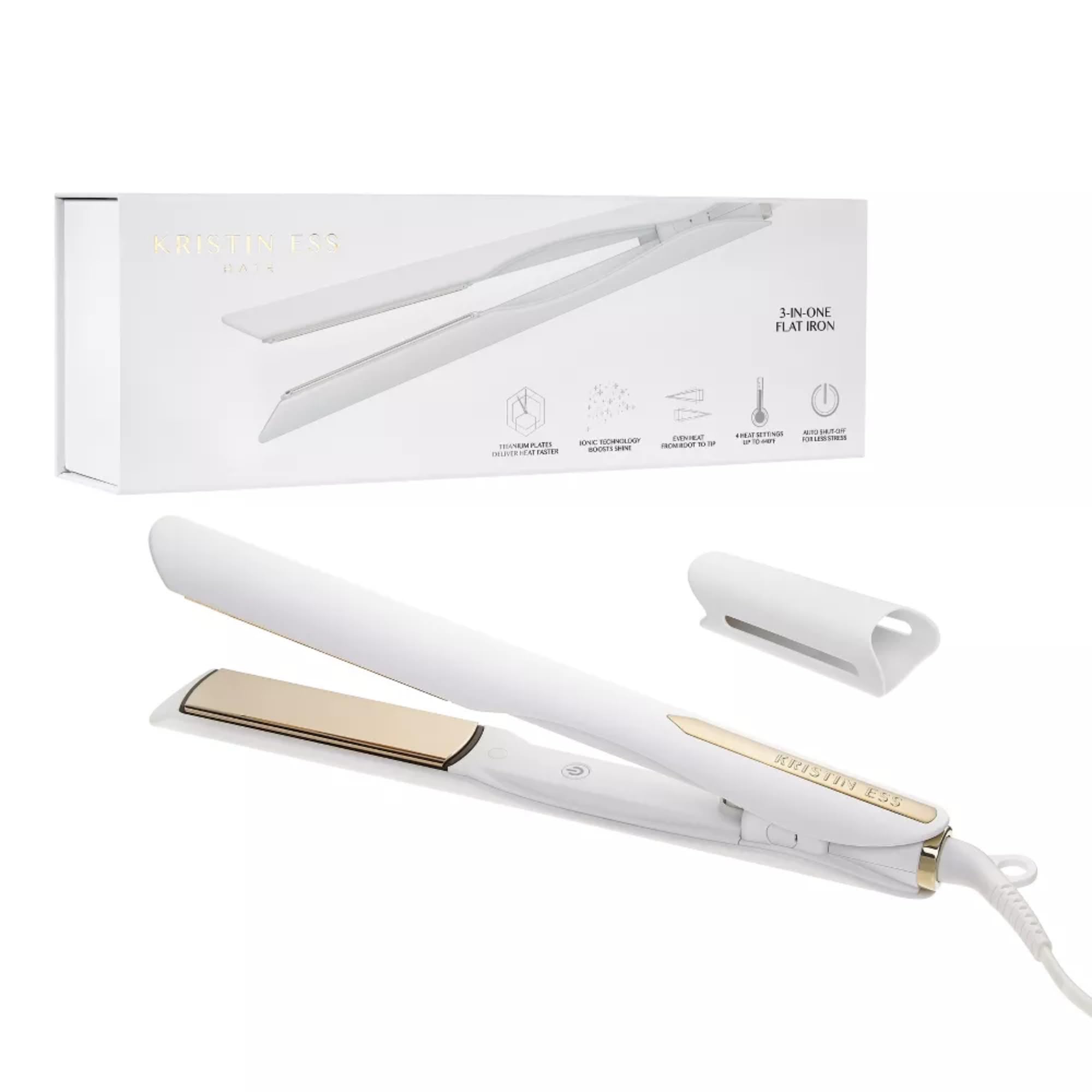 Kristin Ess 3-in-One Professional Titanium Hair Straightener Curler 2 in 1 + Beach Waver Combo for Women with Curly, Frizzy + Thick Hair - 1 1/4 Inch Dual Voltage Flat Iron + Travel Cap - 440 Degree