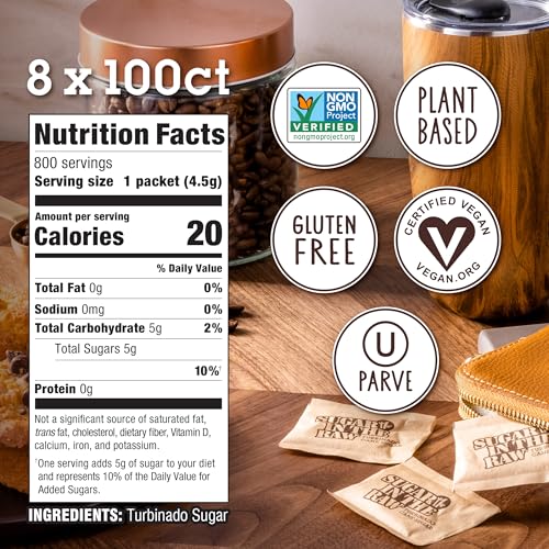 image for Sugar In The Raw Turbinado Cane Sugar Packets, 100 Ct Box, 8 Pack, Pur