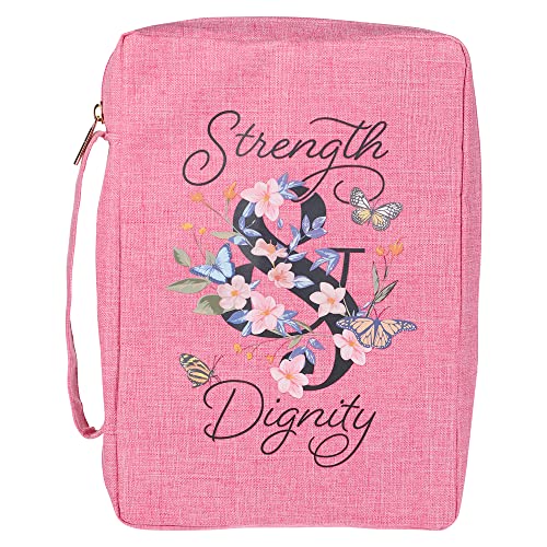 Image of Christian Art Gifts Polyester Canvas Bible Cover for Women w /Zippered Pocket & Pen Storage: Strength & Dignity - Proverbs 31:25 Inspirational Bible Verse Carry Case, Pink Butterfly Floral, Medium