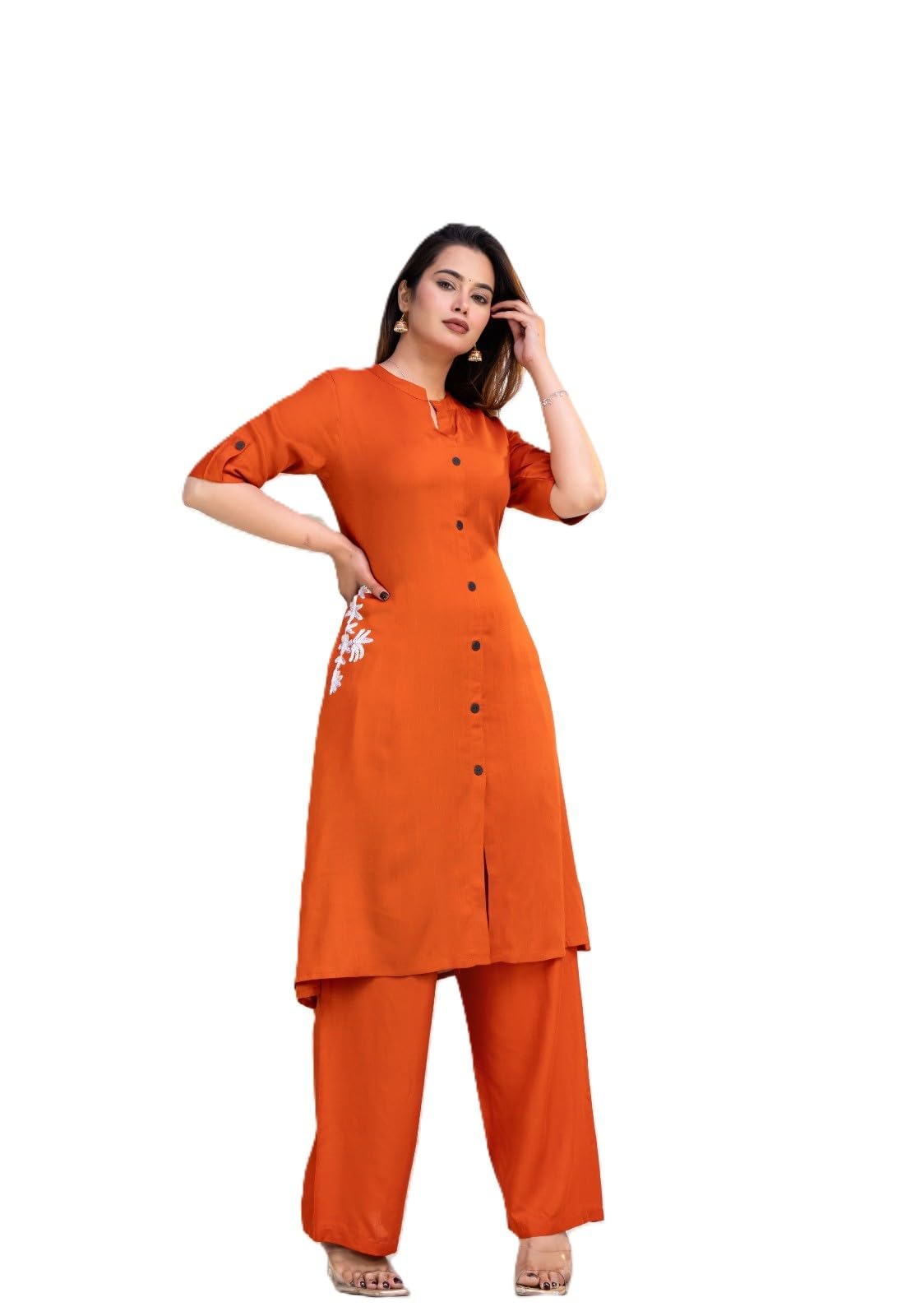 Women's Cotton Kurti with Palazzo Set, Button Front, Embroidered, Orange, Teal, Yellow-picture-26