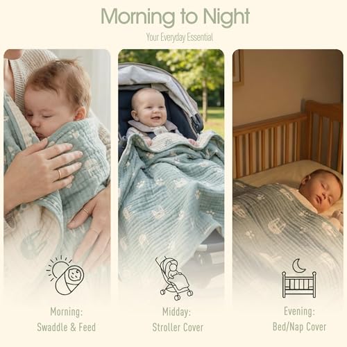 Image of 6-Layer Muslin Baby Blanket Made with Organic Cotton - Cute Bunny Rabbit Jacquard Swaddle & Crib Quilt, 43 inchx 43 inch,Sage Green Bunny